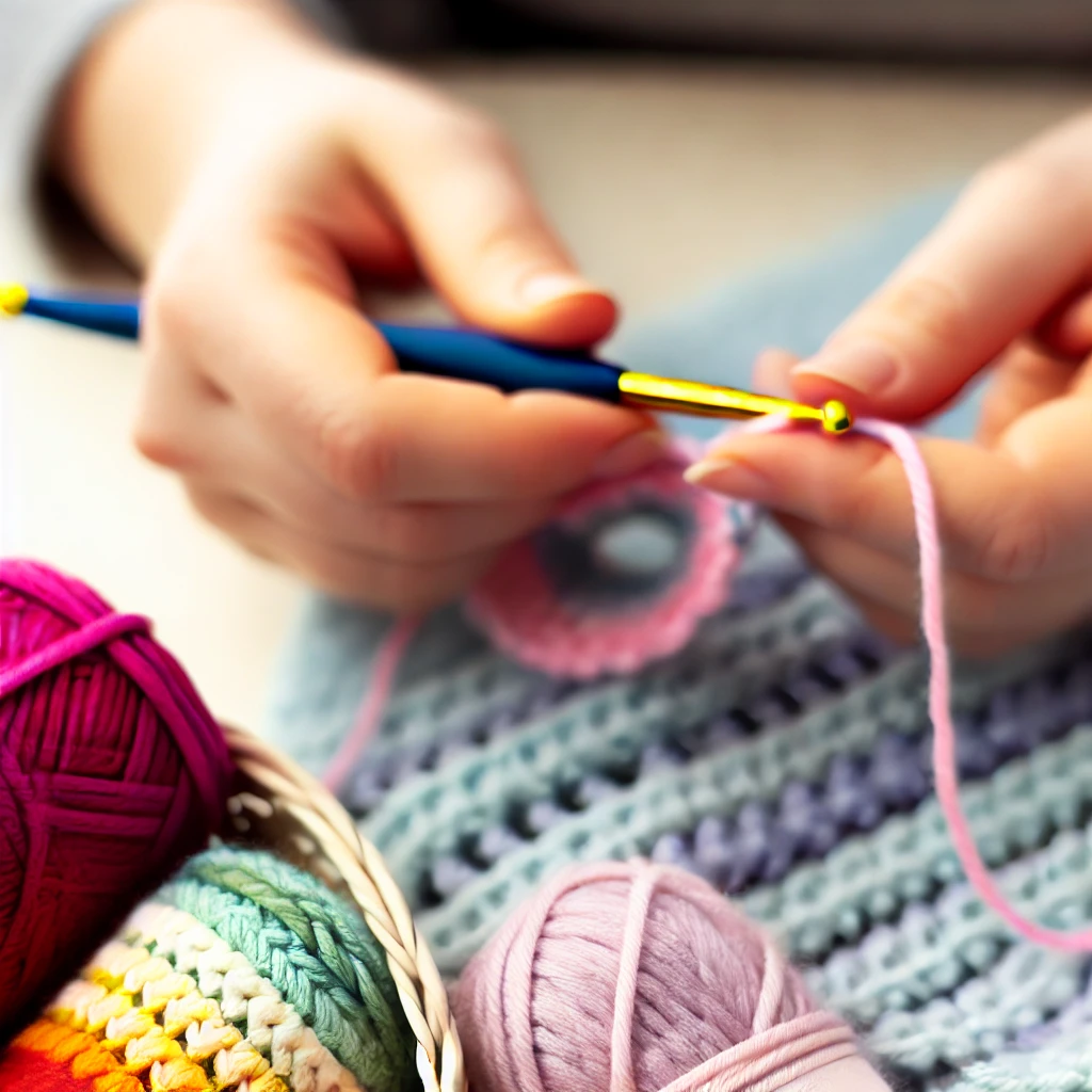 A close-up shot of a well-organized crochet kit in progress, featuring hands holding a crochet hook working with colorful yarn, highlighting crochet stitches and tools.