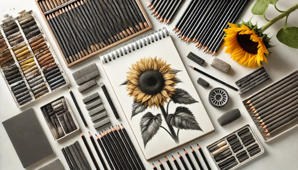 A flat lay arrangement of premium art tools for drawing sunflowers, showcasing a collection of graphite pencils, charcoal sticks, blending stumps, and precision erasers, all designed for detailed sketching.