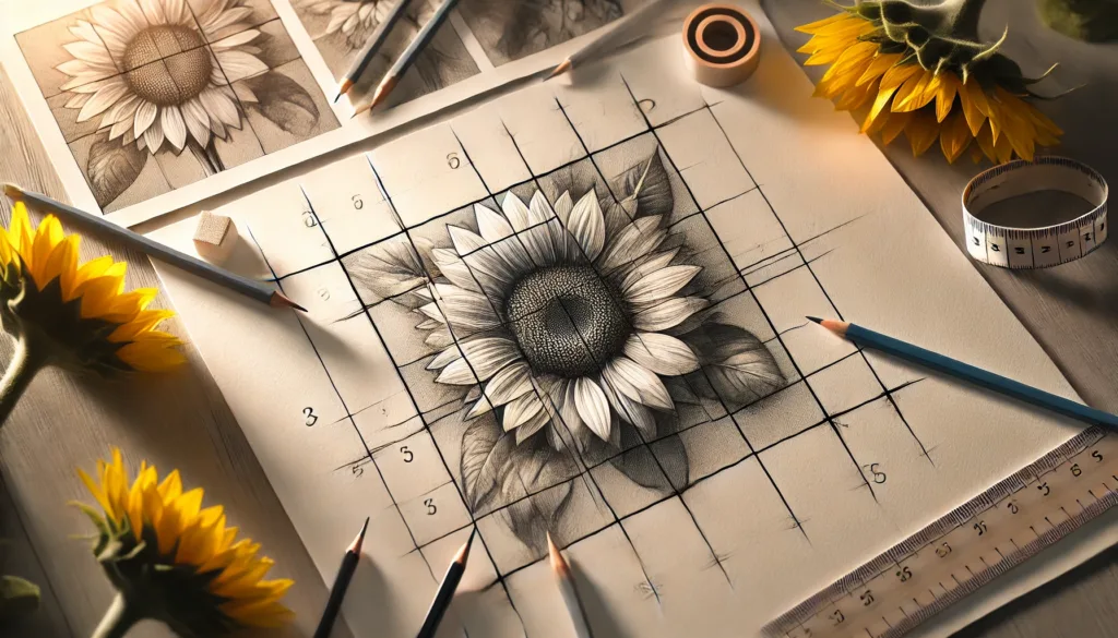 A sunflower drawing sketch divided into sections to demonstrate proper proportions, with the center, petals, and leaves clearly outlined for guidance.