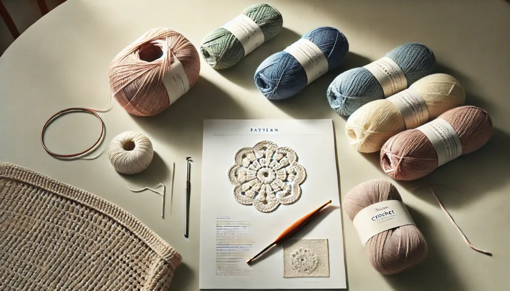 Well-organized crochet kit displayed on a clean table, featuring a crochet hook, medium-weight yarn in soft colors, and a tapestry needle, perfect for stitch drawing projects.