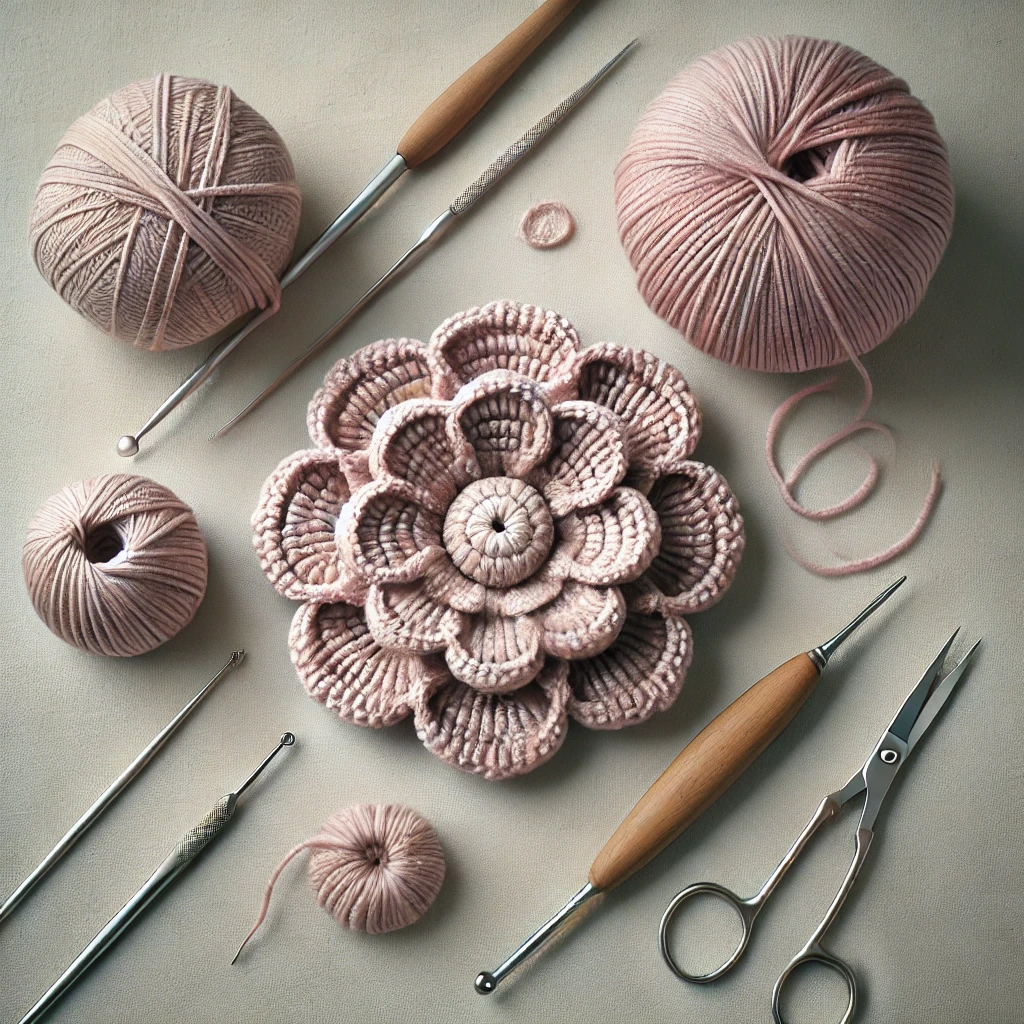 Close-up of a crochet flower at the center, surrounded by essential tools from a crochet kit, including a yarn ball, crochet hook, yarn needle, and scissors