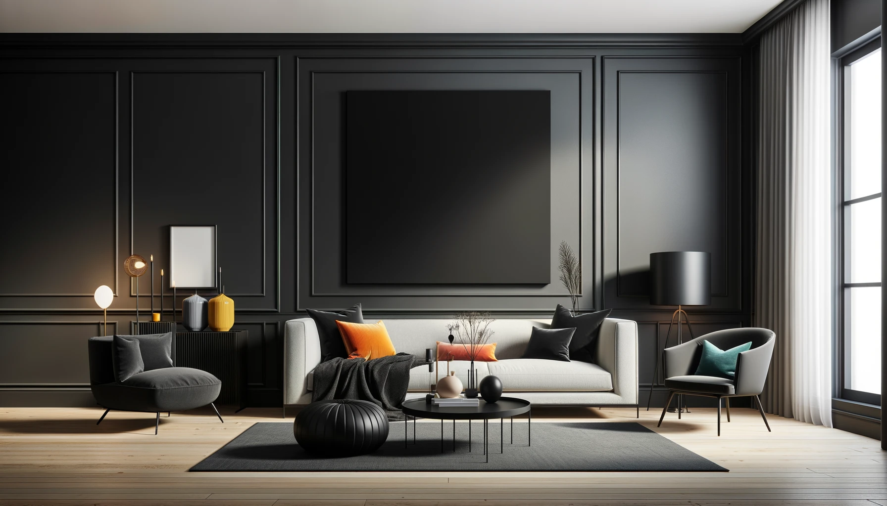 A stylish interior with a matte black statement wall, complemented by modern furniture and decor. The room is well-lit, highlighting the elegance of the design.