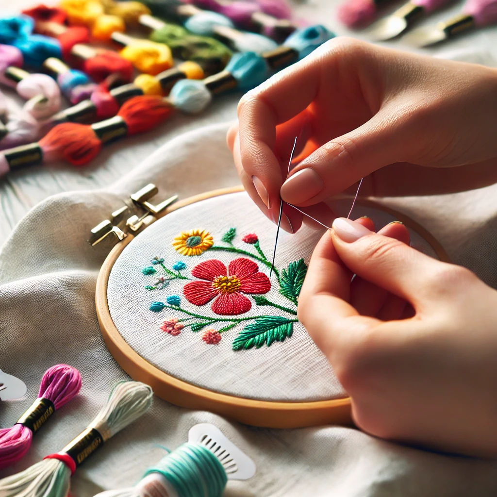 Close-up of hands threading a needle amidst scattered colorful threads, showcasing a stitch drawing scene with an embroidery hoop holding fabric in the background.