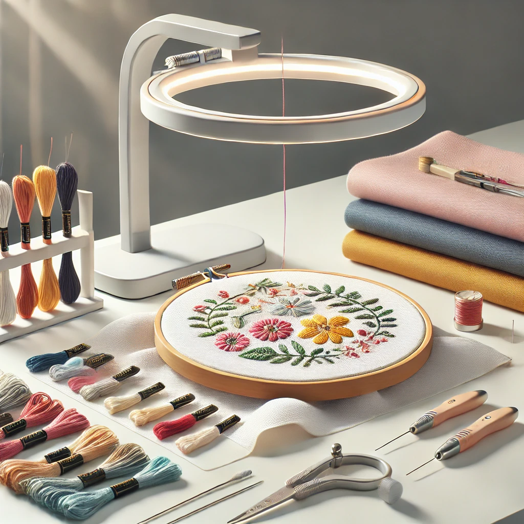 Modern workspace designed for stitch drawing, showcasing embroidery tools like colorful threads, ergonomic needles, and an embroidery hoop with fabric in progress.