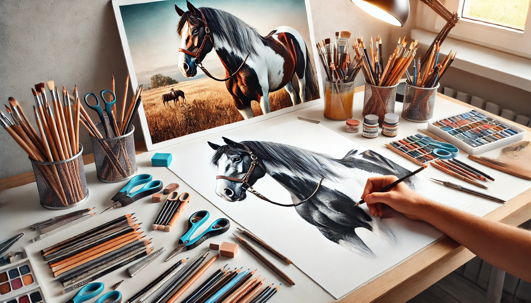 A workspace displaying a paint horse drawing in progress, with the artist correcting common mistakes like proportions and uneven coat patterns. The scene highlights the creative process and adjustments being made for a polished final piece.