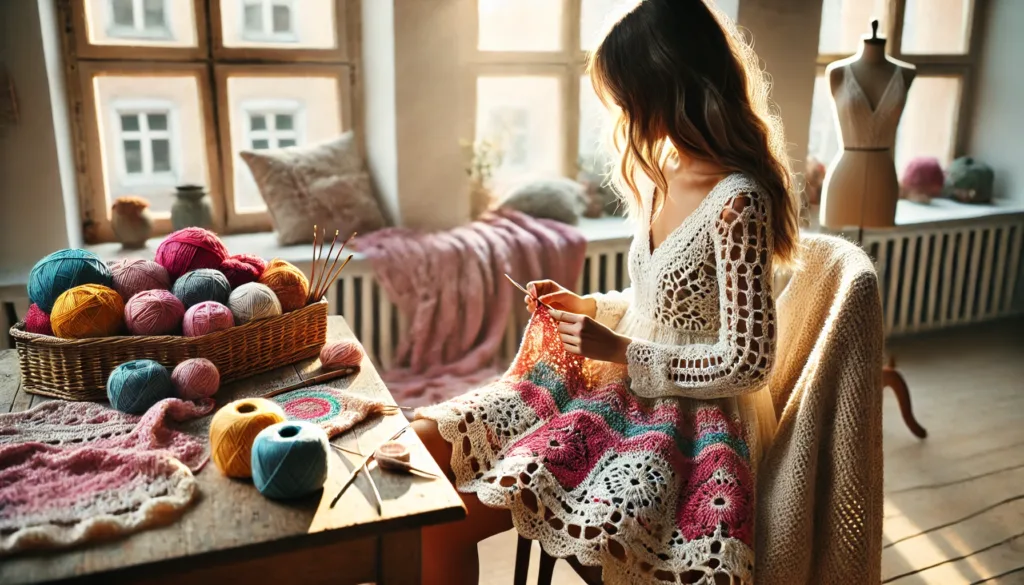 A woman crocheting a crochet dress using colorful yarns in a bright, sunlit room.