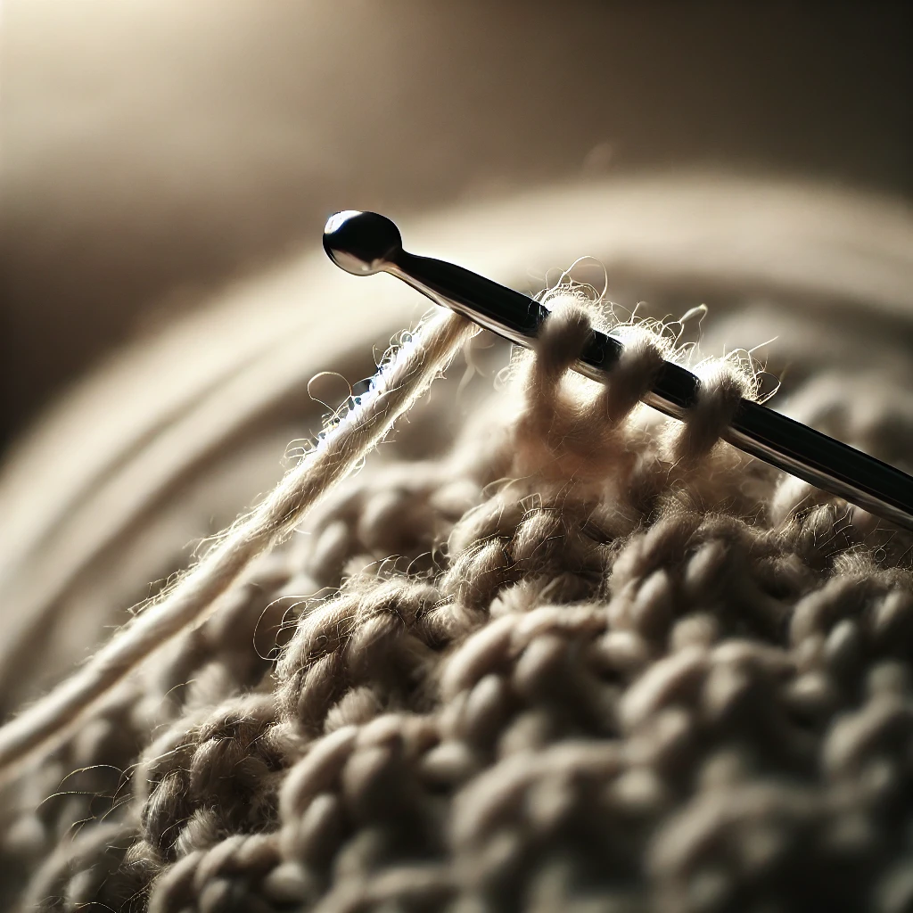 A close-up of a crochet project in progress, featuring a crochet hook and soft yarn, with a focus on the texture and details of the crochet stitches.