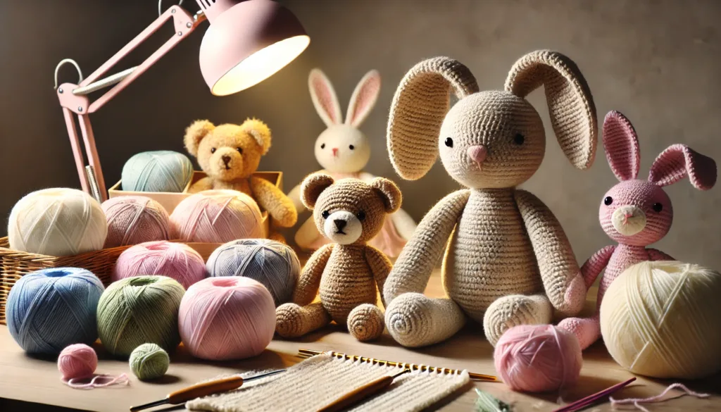 A well-lit crafting table showcasing various crochet animals projects in progress. The table is filled with soft pastel-colored yarns, crochet hooks, and partially completed animal figures.