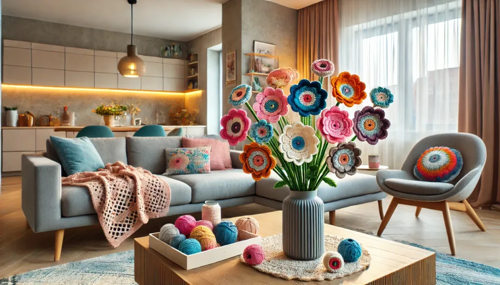 A stylish living room featuring a crochet bunch of colorful flowers in a modern vase on a coffee table. The contemporary decor creates an inviting atmosphere that highlights the crochet flowers as a charming centerpiece.