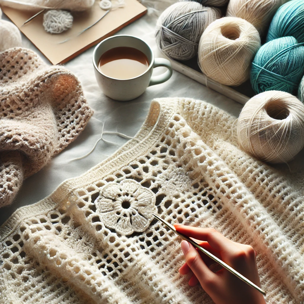 Close-up of a crochet sweater in progress, showcasing a soft, airy lace pattern made with lightweight cotton yarn, perfect for a spring or summer design