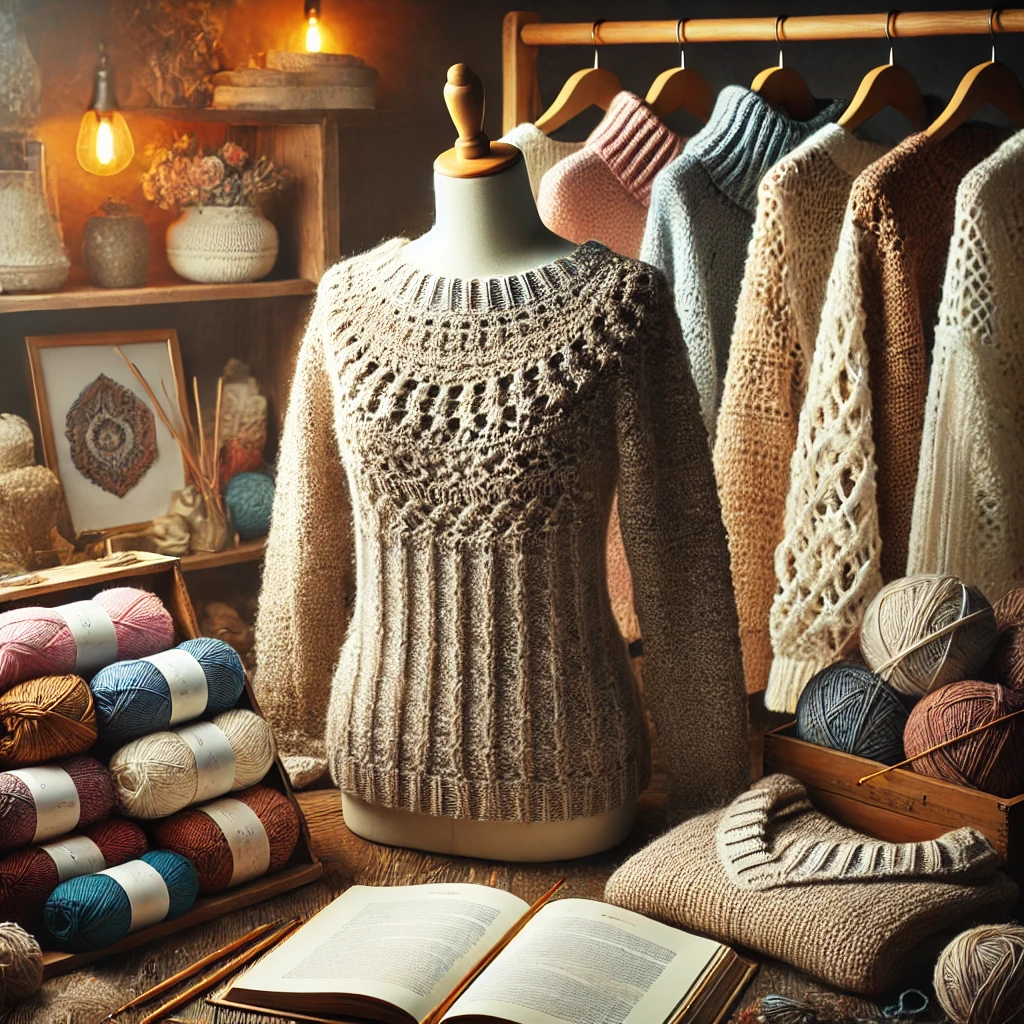 Stylish crochet sweater displayed on a mannequin or hanger, surrounded by various yarns, crochet hooks, and open pattern books, creating an inspiring crochet sweater workspace.