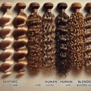 Close-up image showcasing different types of crochet hair—synthetic, human, and blended—displayed side by side. The textures highlight the variety and quality of the hair options.