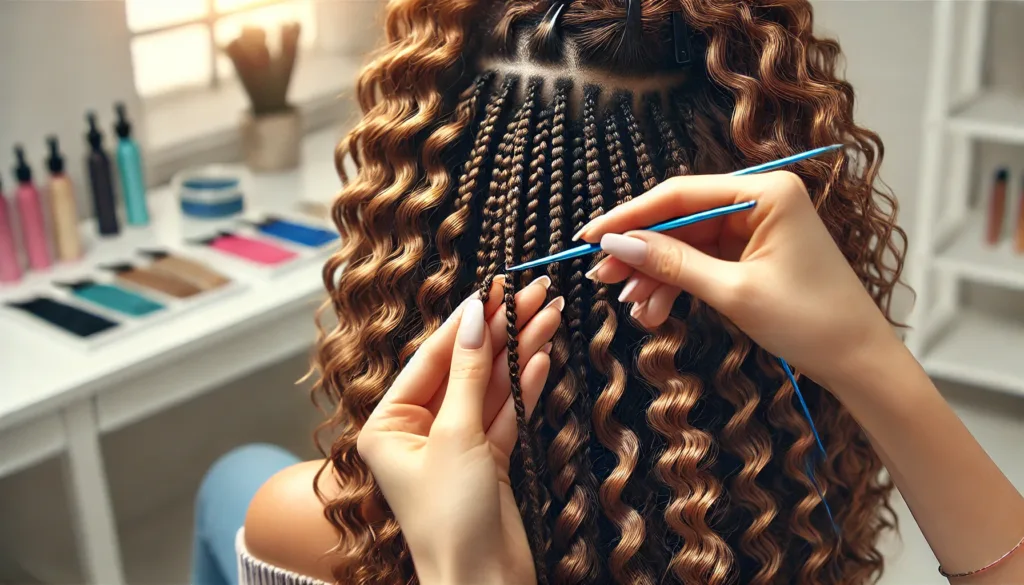 Close-up of a woman styling her hair with crochet hair extensions in a bright, clean salon. The image showcases a variety of hair textures, highlighting the styling process.