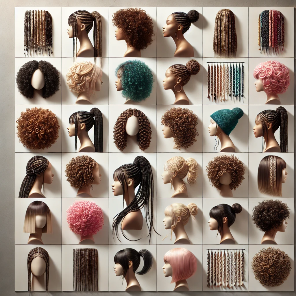 Artistic grid pattern displaying various crochet hairstyles, including twists, braids, and voluminous curls. The visual representation emphasizes the creativity and diversity of crochet hair styling.