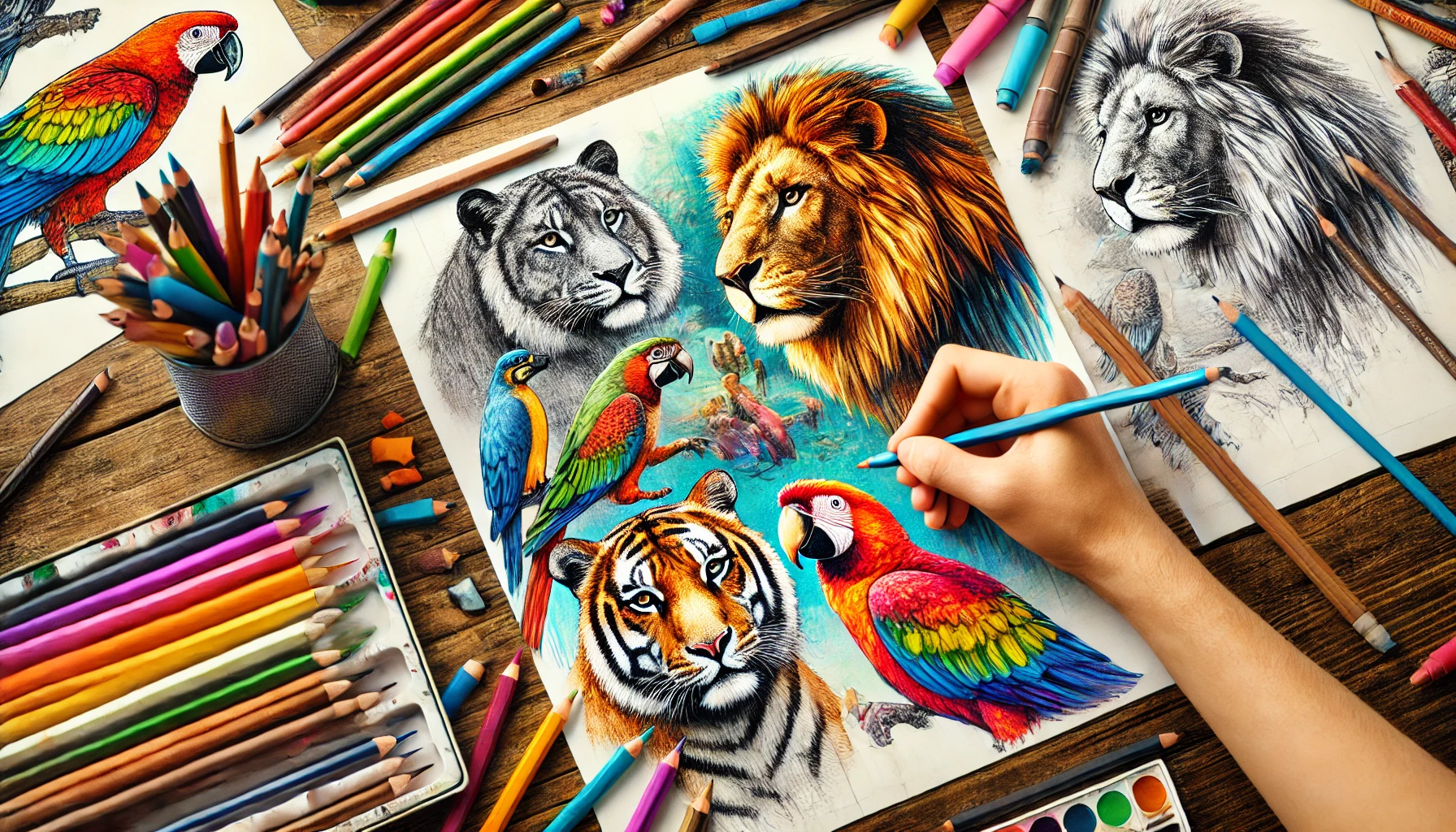 Art of Zoo: A hand coloring zoo animals like lions, tigers, and parrots using colored pencils, markers, and watercolors, showcasing a vibrant creative process