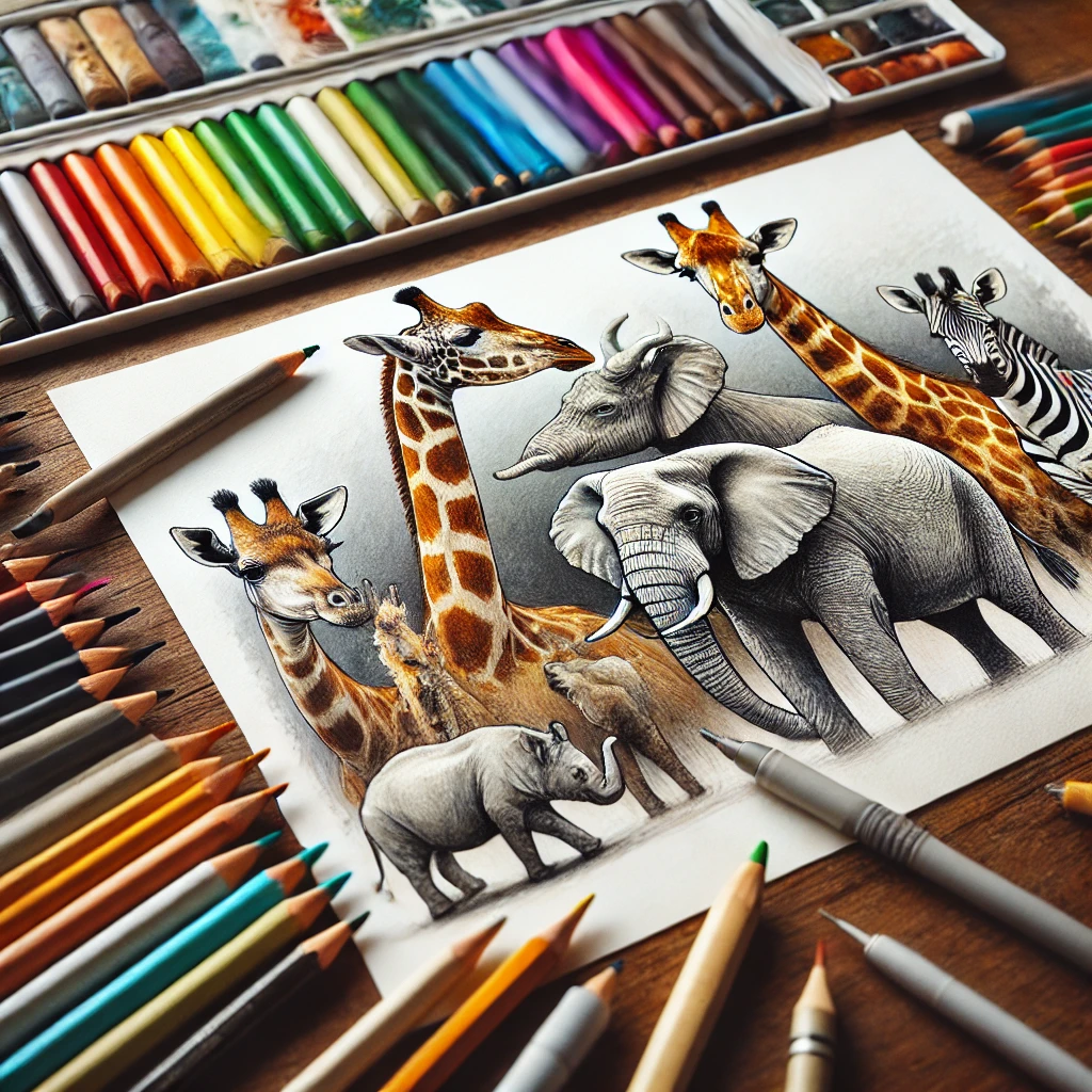 Art of Zoo: Close-up of art tools such as colored pencils, blending stumps, and watercolors alongside a partially colored sketch of zoo animals like giraffes and elephants.