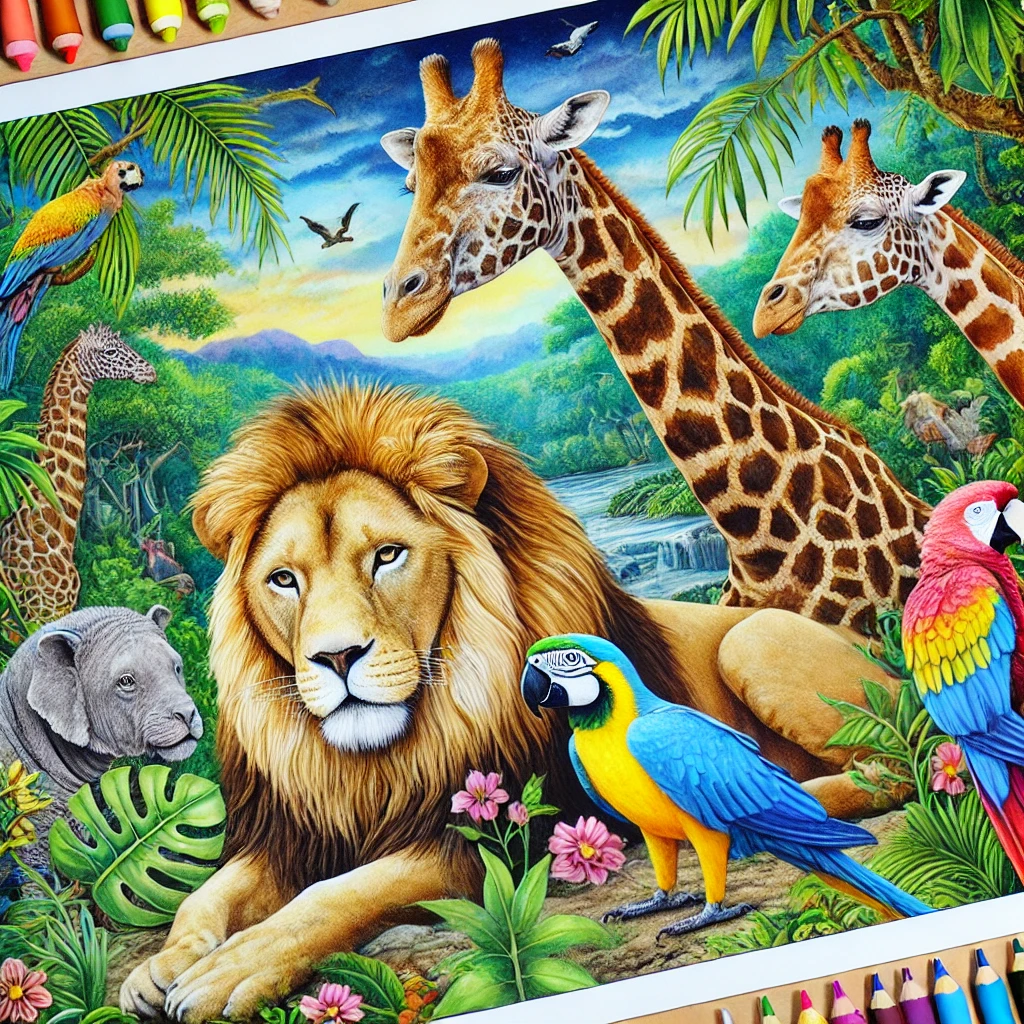 Art of Zoo: Completed zoo-themed artwork featuring a jungle scene with vivid animals like a lion, giraffe, and parrot, highlighting texture and blending techniques.