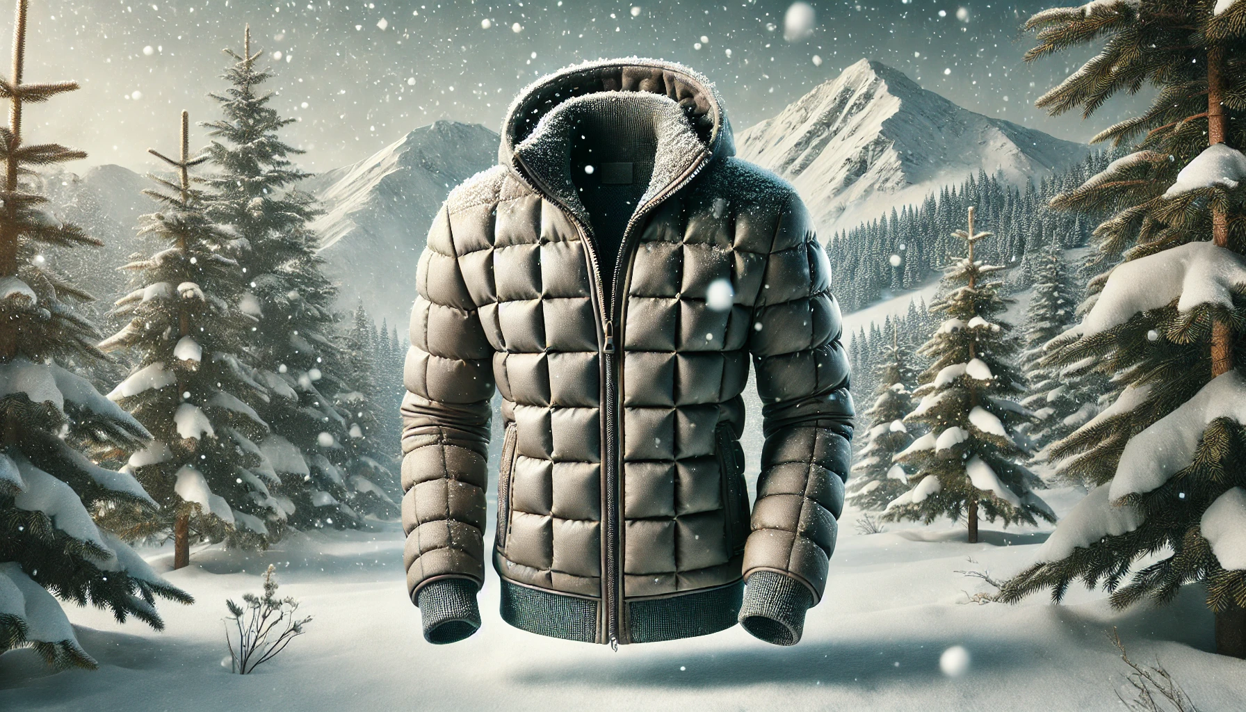 Quilted jacket in a snowy winter setting, showcasing its puffed design and insulation for warmth in cold weather.