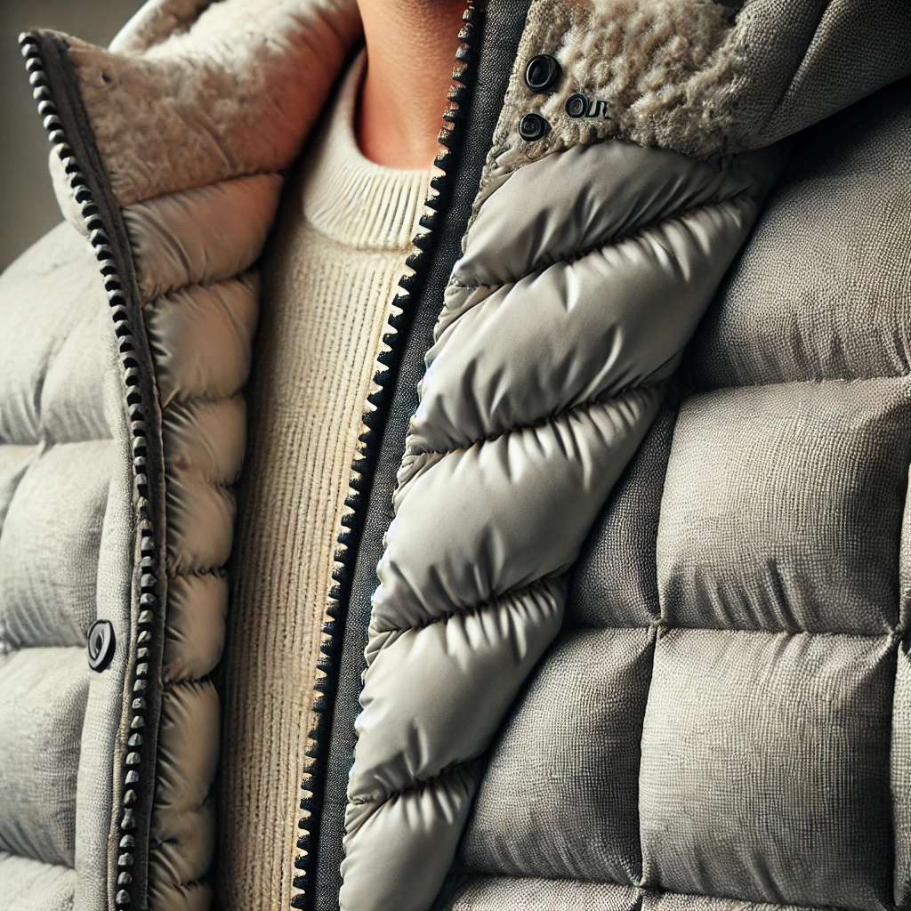 Close-up of a quilted jacket’s insulation material, showing the puffed stitching and texture for trapping warmth.