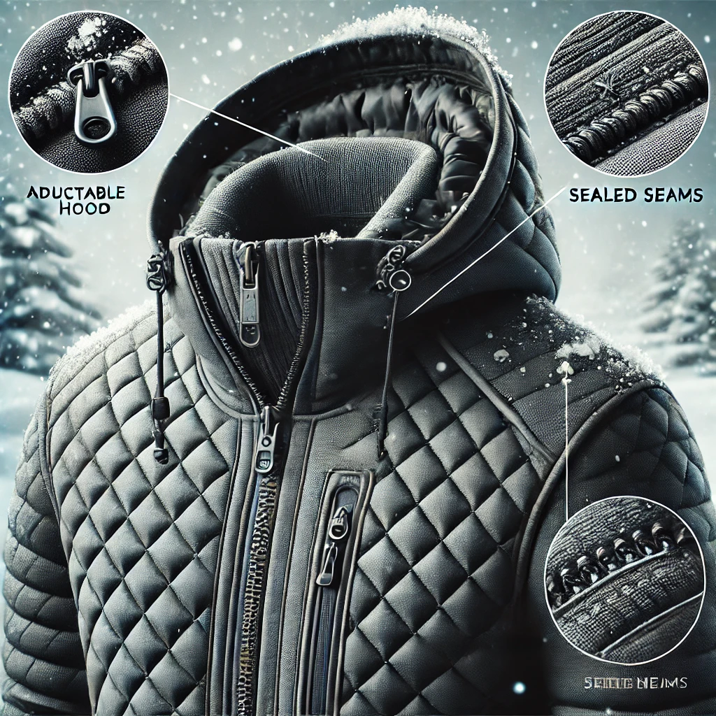 Quilted jacket with adjustable hood and sealed seams, highlighting water resistance and functionality in snowy conditions.