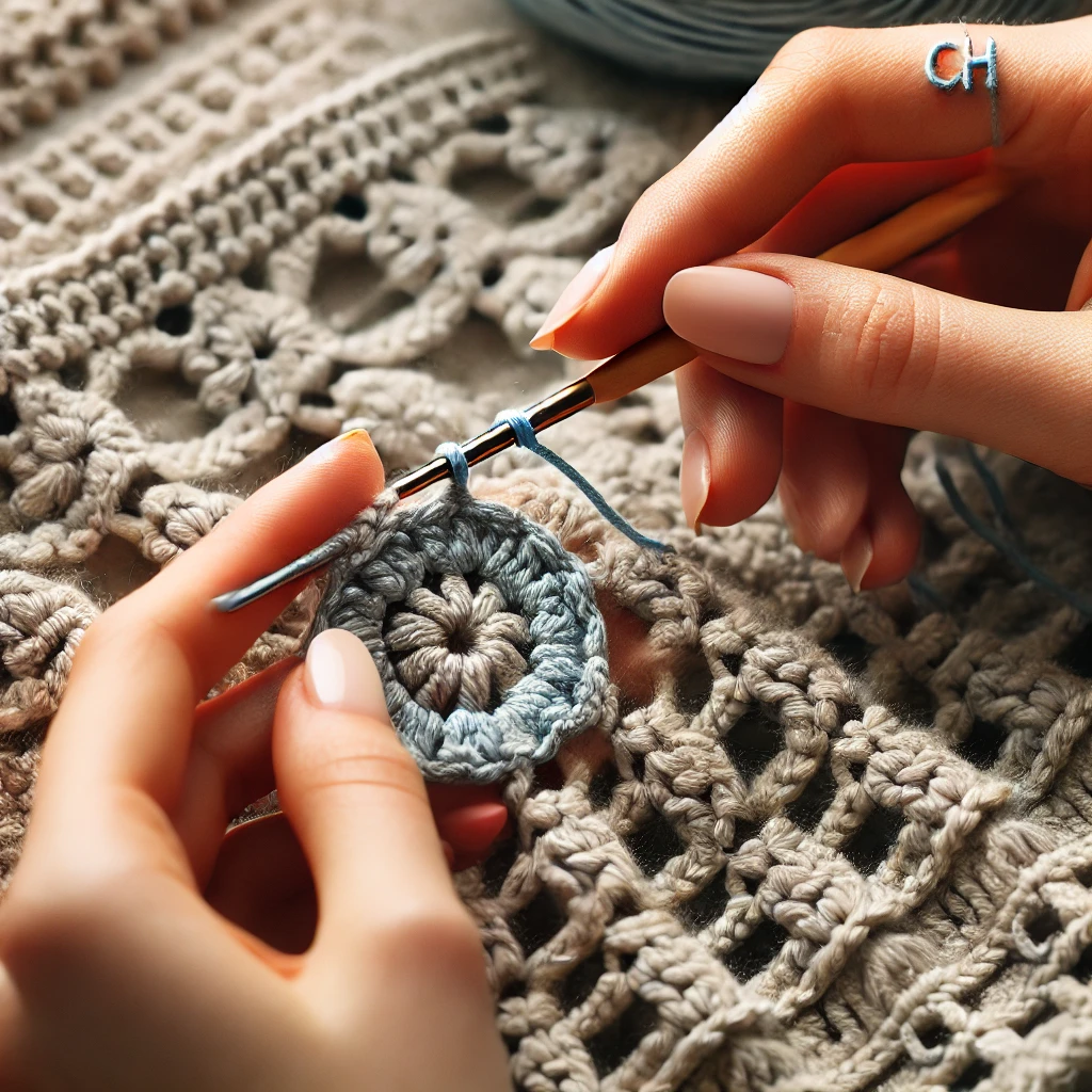 Close-up of crochet stitches and yarn with a crochet dress pattern in the background, highlighting key techniques like chain and double crochet stitches.