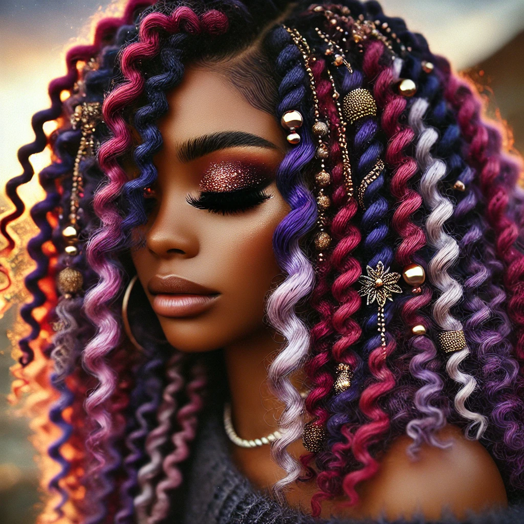 A close-up of a crochet hairstyle featuring natural curls and twists with vibrant colors, showcasing bold and intricate details.