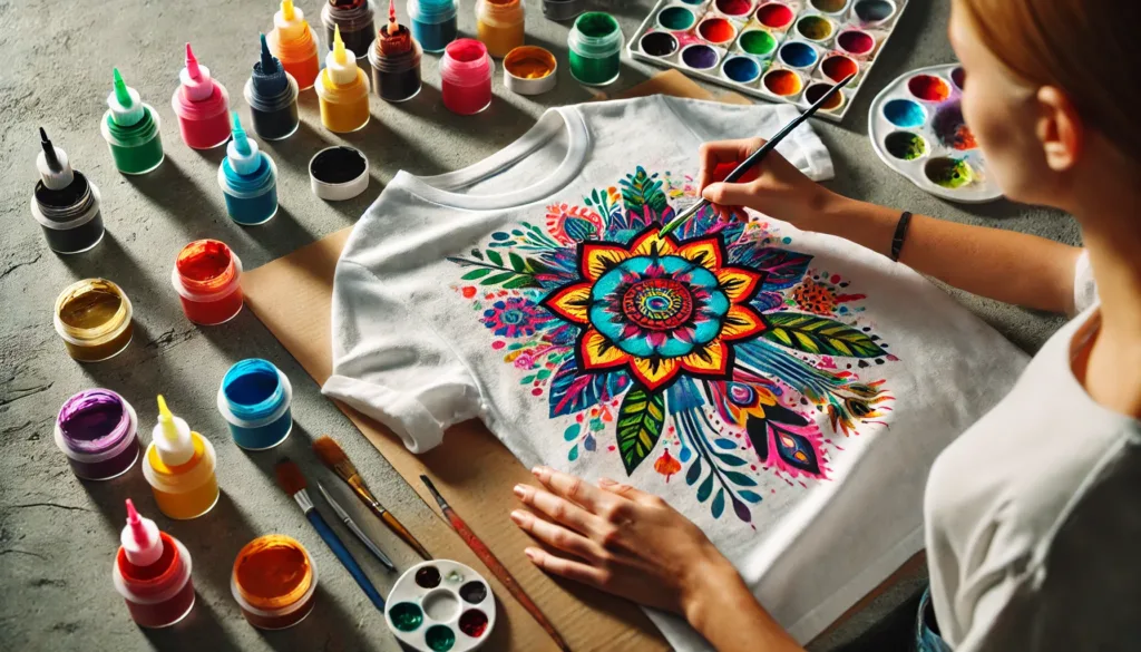 Artist applying fabric paint to a T-shirt using brushes and stencils, showcasing DIY fabric painting techniques with bright colors.