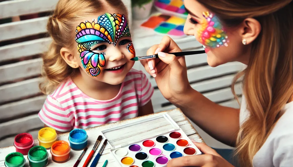 Artist applying face paint on a child's face, using a brush to create a colorful design, highlighting face painting techniques.