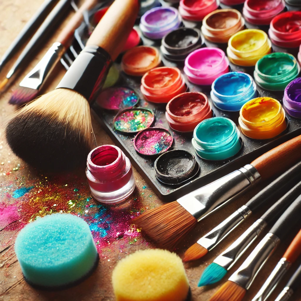 Close-up of face painting tools including brushes, sponges, and non-toxic face paints, essential for detailed designs.