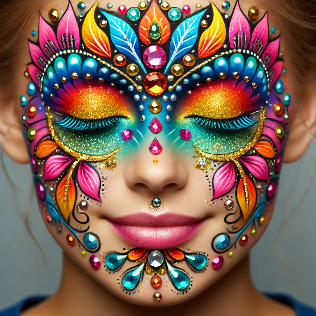 Vibrant face paint design with glitter and gems, showcasing advanced face painting techniques for festivals and events.