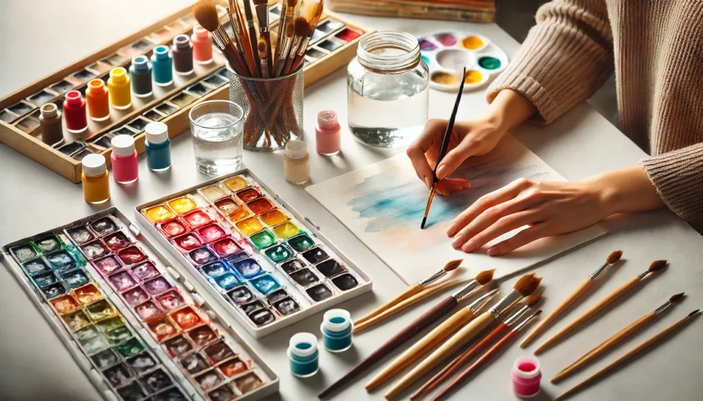 Artist preparing watercolor paints and brushes on a workspace, ready to start a step-by-step watercolor painting process.