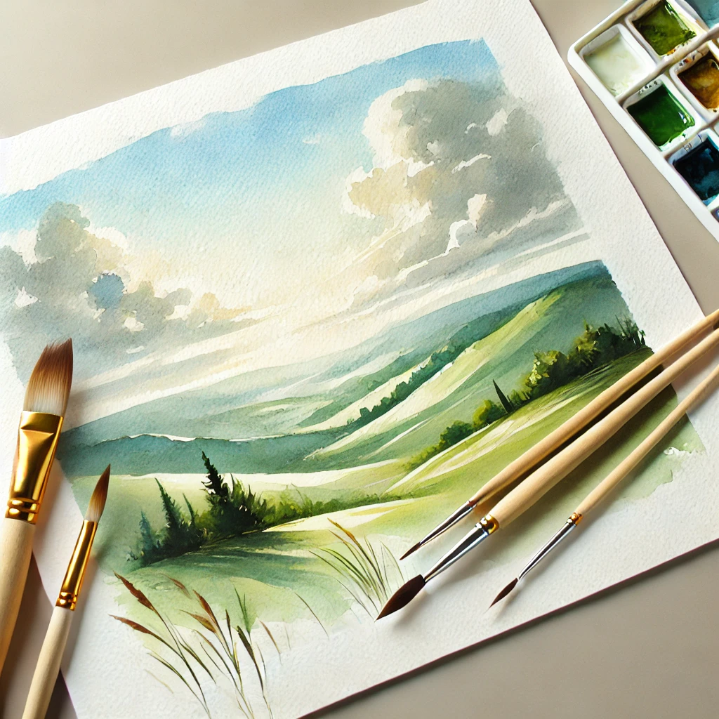 Completed watercolor painting of a landscape, showcasing detailed brushwork and soft color transitions.