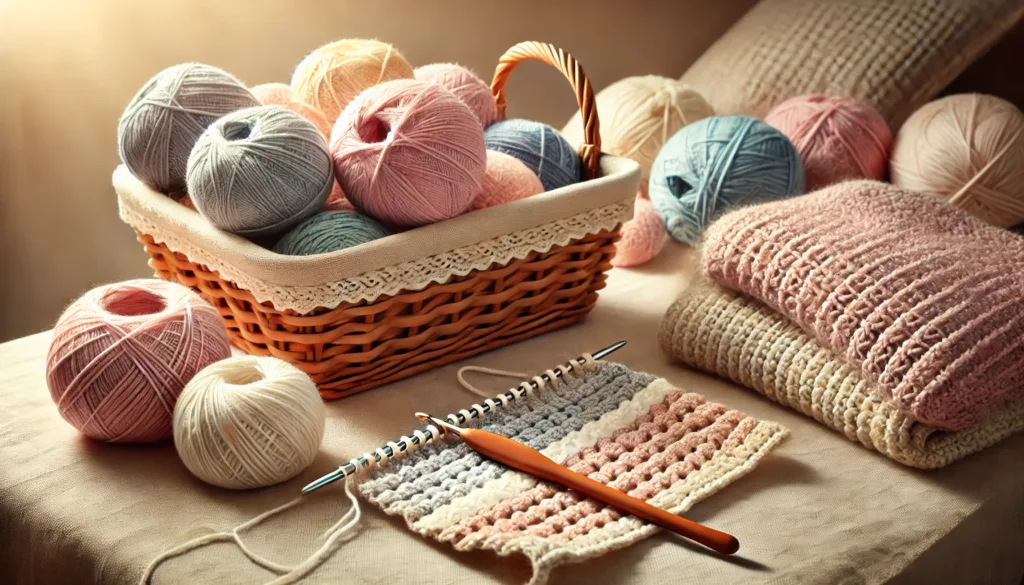 A cozy workspace showcasing crochet stitches, with a basket of colorful yarn, a crochet hook, and a partially completed project featuring visible crochet stitches on a soft tablecloth, lit by warm natural light.