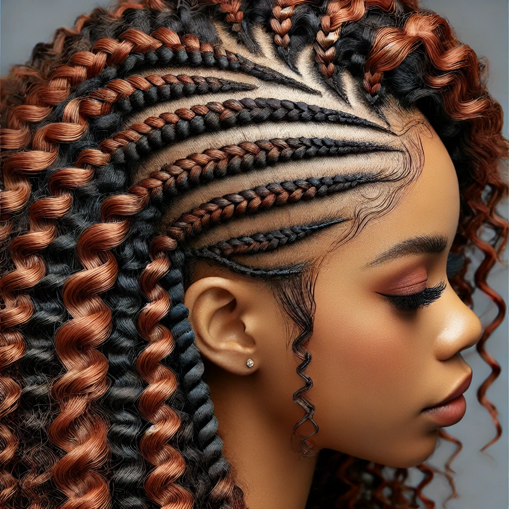 A close-up image of a crochet hairstyle featuring zigzag cornrows at the base, transitioning into thick, voluminous twists. The zigzag cornrows are intricately braided, creating a unique pattern, while the crochet twists are full and textured, giving the hairstyle a bold and stylish look.