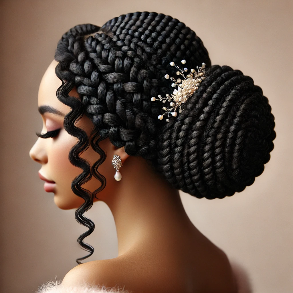 A crochet hairstyle styled in an elegant low bun, made from crochet braids, beautifully secured at the nape of the neck for a wedding look.