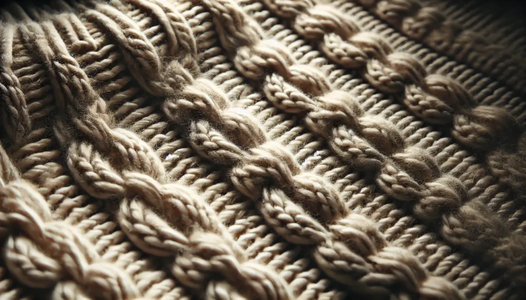 Close-up of a cable knit sweater, highlighting the braided cable pattern in soft wool yarn.