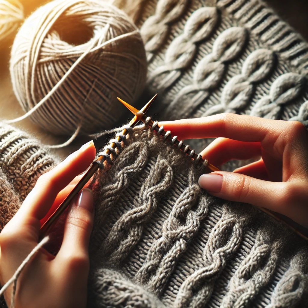 Knitting a cable knit sweater in progress, with hands holding a cable needle and working on intricate cable stitches.