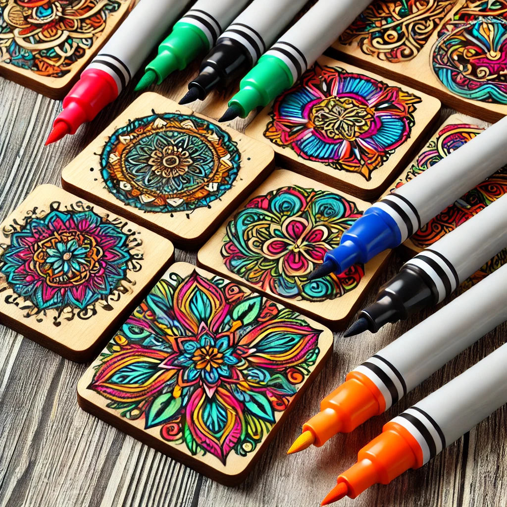 Custom wooden coasters designed with paint markers, showcasing vibrant colors and creative details on wood.