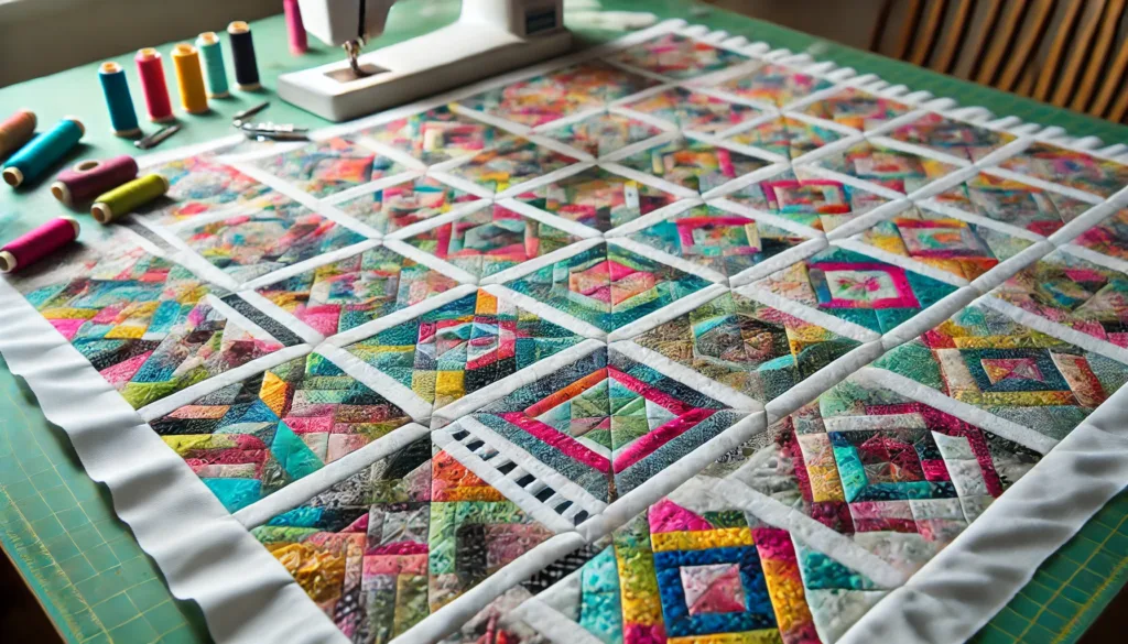 Close-up of a complex quilt patterns in progress, with intricate blocks and colorful fabric pieces being carefully pieced together.