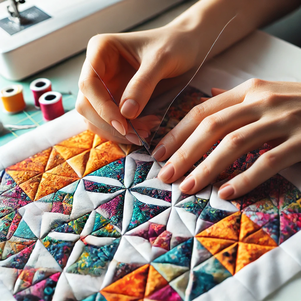 Hands sewing a complex quilt block with small, precise stitches, piecing together colorful fabric for intricate quilt patterns.