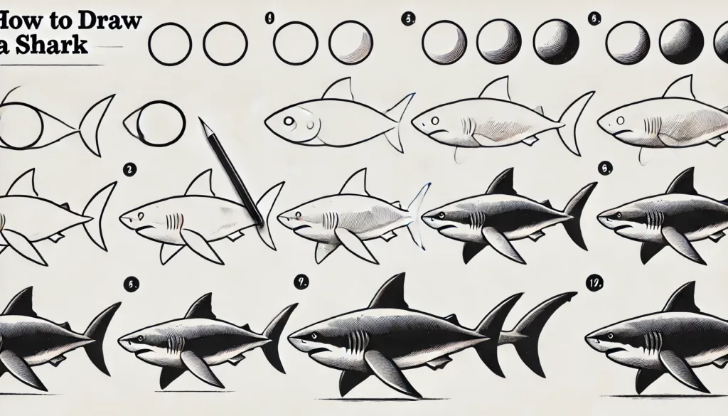 Basic shark drawing shapes, including circles and ovals, as the foundation for a shark illustration in a step-by-step guide.