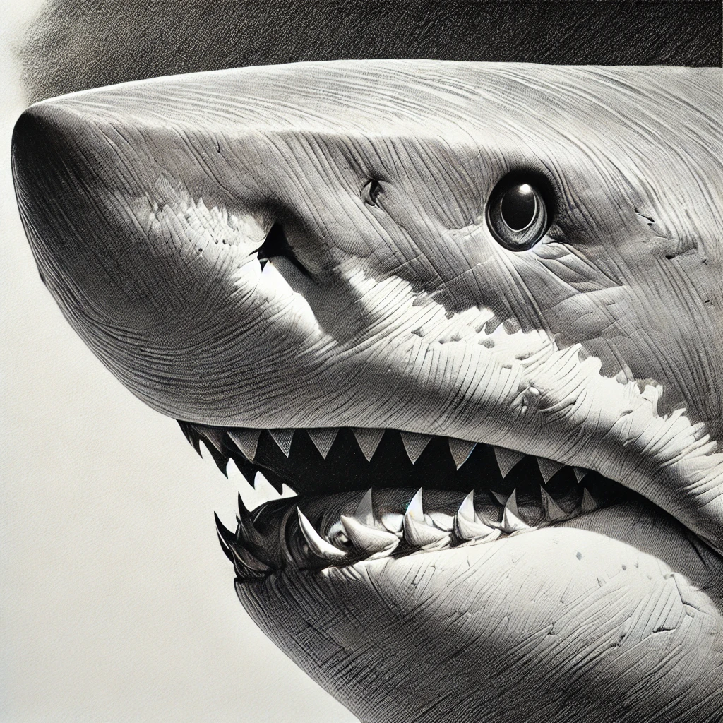 A detailed shark drawing with shading, showcasing the realistic texture, teeth, and facial features of the shark.