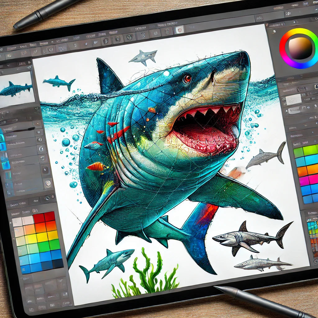 Digital shark drawing in progress, showing layers and tools used for creating a realistic shark illustration with vibrant colors.