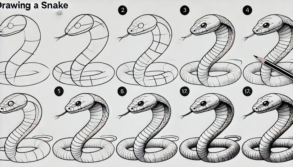 Step-by-step snake drawing showcasing the anatomy, including head shapes and body curves, providing the foundation for realistic snake illustrations.