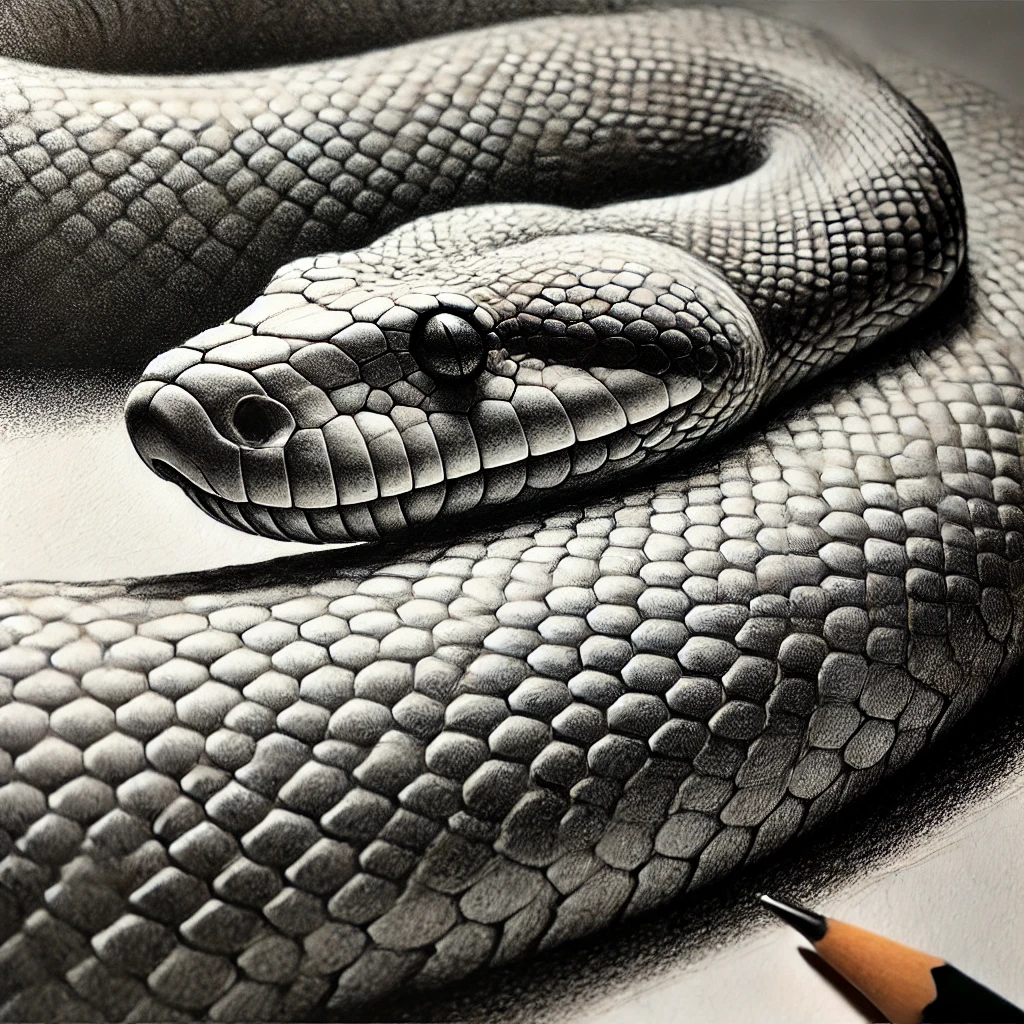 Close-up of a snake drawing using cross-hatching and blending techniques to add texture and realistic shading to the snake’s body and scales.