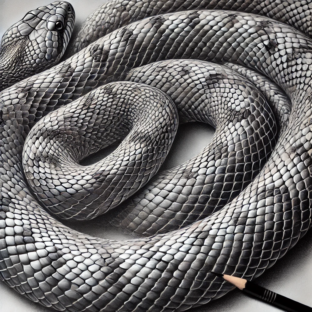 A detailed snake drawing showcasing intricate scale patterns and textures, with shading that emphasizes the lifelike appearance of the snake’s skin.