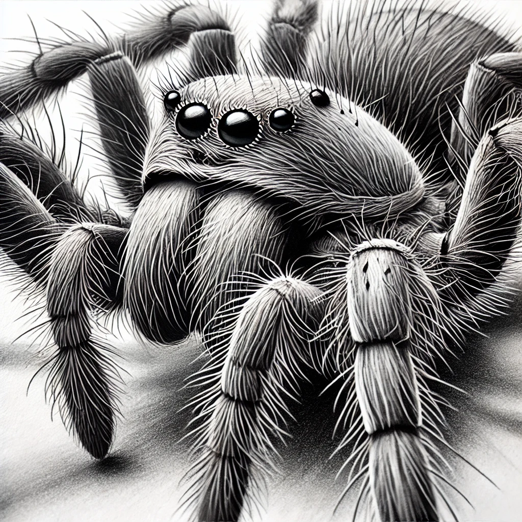 Detailed spider drawing with shading, showing realistic textures on the spider's legs and body with fine details on the eyes and hair.