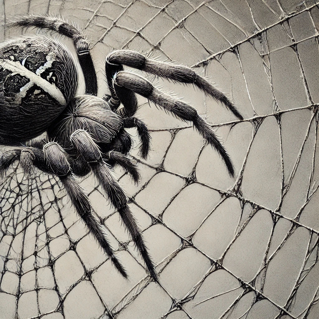 Spider drawing on a detailed web, highlighting the intricate web patterns and the realistic depiction of the spider's anatomy.