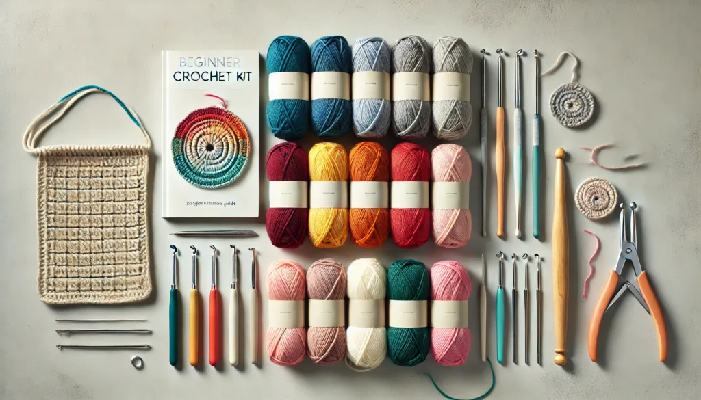 Beginner crochet kit essentials, including colorful yarn, crochet hooks, a tapestry needle, and a simple pattern guide.