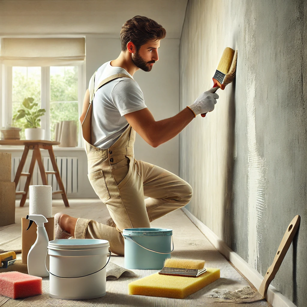 A painter preparing a wall for a matte finish by cleaning, sanding, and applying primer. The scene highlights the essential steps of surface preparation to ensure a smooth, flawless matte application in a well-organized workspace.